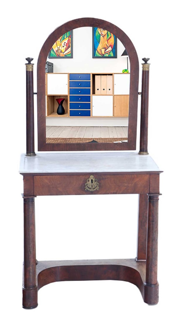 FRENCH EMPIRE MARBLE TOP MAHOGANY VANITY WITH BRONZE MOUNTS C 1840. (1 of 6)