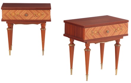 PAIR FRENCH ROSEWOOD AND KINGWOOD NIGHT STANDS WITH FLORAL INLAY C 1950.