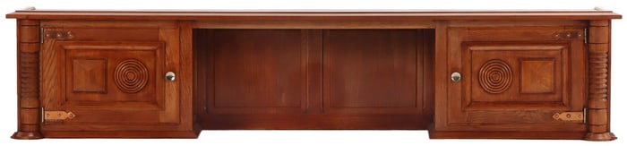 A FRENCH OAK WALL HUNG CABINET OR KING SIZE HEADBOARD IN THE MANNER OF CHARLES DUDOUYT C 1940.