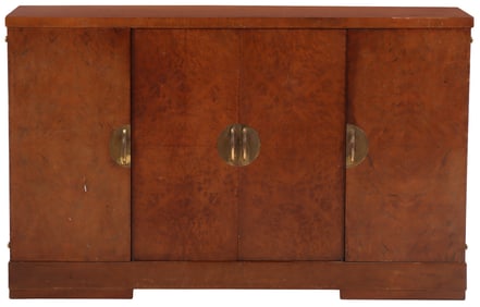 A FRENCH ART DECO FOUR DOOR BURL WALNUT SIDEBOARD WITH BRASS HARDWARE CIRCA 1935.