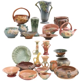 24 PIECE LOT OF ROSEVILLE POTTERY INCLUDING VASES, BOWLS, FLOWER FROG, CANDLEHOLDER, TEAPOT, MORE IN
