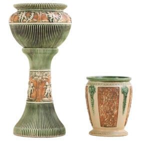 TWO PIECES OF ROSEVILLE POTTERY INCLUDING FLORENTINE FLOWER JARDINIERE AND LARGE DONATELLO