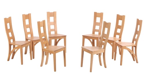 EIGHT MODERN SOLID OAK TALL BACK DINING CHAIRS