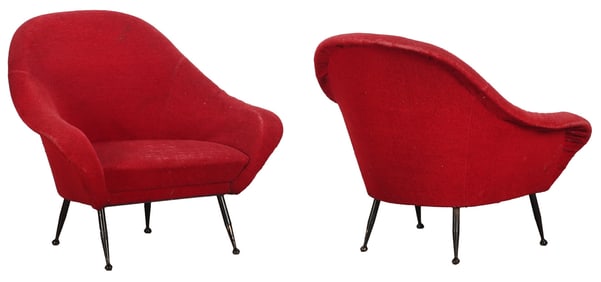 PAIR UPHOLSTERED ITALIAN SCOOP CHAIRS HAVING FLARED ARMS C 1950 ON IRON LEGS.