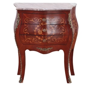LOUIS XV STYLE BRONZE MOUNTED AND INLAID MARBLE TOP COMMODE.