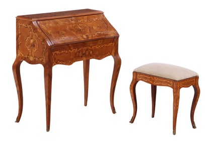 LOUIS XV STYLE MARQUETRY INLAID FALL FRONT SECRETARY DESK WITH MATCHING BENCH.