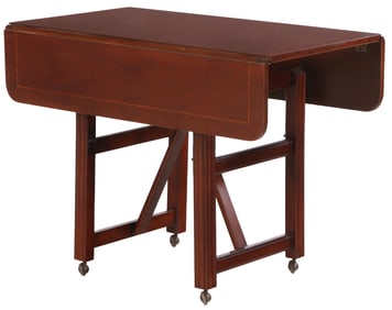 BAKER MAHOGANHY COFFEE TABLE THAT EXTENDS TO A FULL HEIGHT DROP LEAF TABLE. LABELED.
