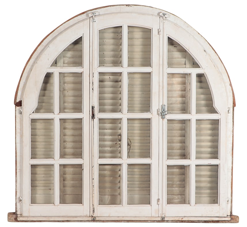 THREE PANEL PAINTED WINDOW SET IN FRAME WITH IRON SHUTTERS C 1930 (1 of 5)