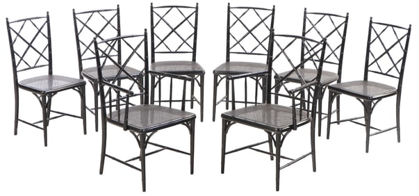 EIGHT EBONIZED FAUX BAMBOO DINING CHAIRS HAVING CANE SEATS BY JANSEN C 1960. BRANDED JANSEN ON