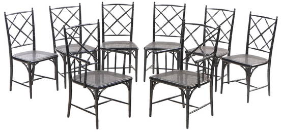 EIGHT EBONIZED FAUX BAMBOO DINING CHAIRS HAVING CANE SEATS BY JANSEN C 1960. BRANDED JANSEN ON