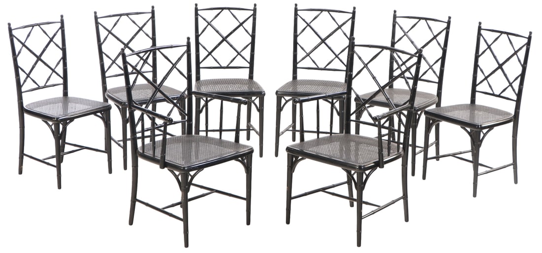 EIGHT EBONIZED FAUX BAMBOO DINING CHAIRS HAVING CANE SEATS BY JANSEN C 1960. BRANDED JANSEN ON