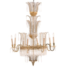 ELEGANT RUSSIAN STYLE BRONZE AND CRYSTAL CHANDELIER HAVING TEN LIGHTS.