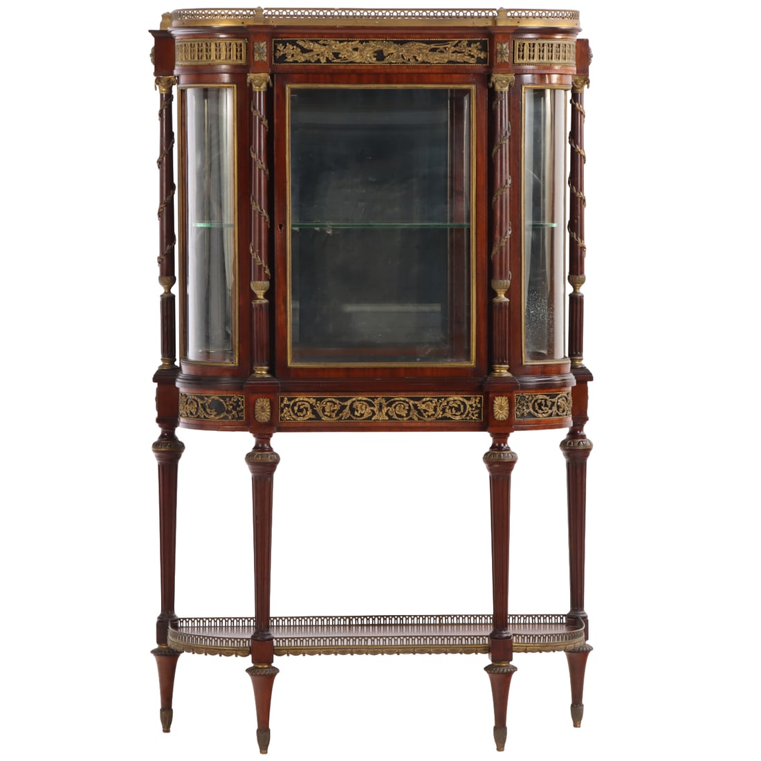 A QUALITY FRENCH MAHOGANY BRONZE MOUNTED VITRINE HAVING CURVED GLASS PANELS C 1900. IN NEED OF (1 of 7)