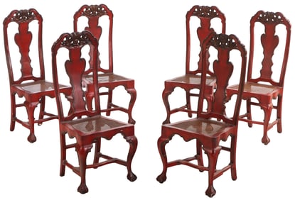 SIX PAINTED AND CARVED PORTUGUESE DINING CHAIRS.