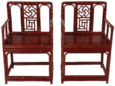 A PAIR OF EARLY 20TH C CHINESE BRIGHTON PAVILION STYLE BAMBOO ARMCHAIRS.