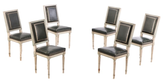 SIX FRENCH PAINTED LOUIS XVI STYLE DINING CHAIRS HAVING ORIGINAL LEATHER UPHOLSTERY C 1945. ENSUITE