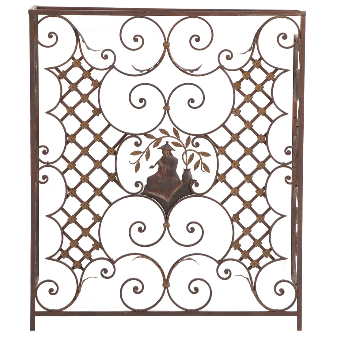 FRENCH PAINT DECORATED CHINOISERIE IRON CONSOLE TABLE C 1930.  LACKING A TOP. (1 of 6)