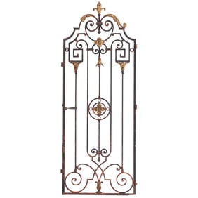 FRENCH SINGLE PAINTED AND GILT IRON GATE HAVING A NICE OLD SURFACE AND FINE DETAILS C 1900.