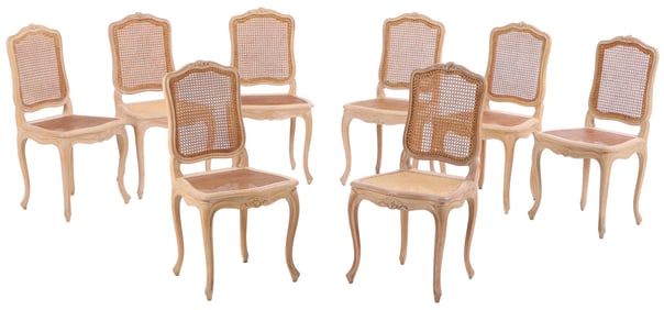 EIGHT FRENCH PAINTED AND CANE LOUIS XV STYLE DINING CHAIRS C 1940.