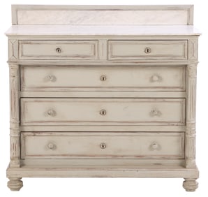 FRENCH PAINTED MARBLE TOP DRESSER HAVING FLUTED COLUMNS AND A SMALL MARBLE BACK SPLASH C 1890.