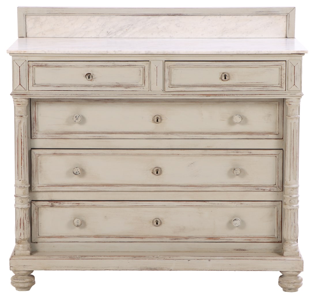 FRENCH PAINTED MARBLE TOP DRESSER HAVING FLUTED COLUMNS AND A SMALL MARBLE BACK SPLASH C 1890.: French painted marble top dresser having fluted columns and a small marble back splash C 1890. Ht: 36.75" Wd: 39.25" Dpth: 20.5"