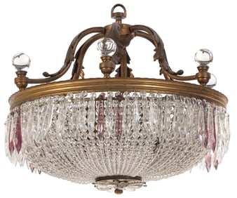 FRENCH BRASS AND CRYSTAL CHANDELIER HAVING UNUSUAL ROUND CRYSTAL BALL DECORATION C 1910.