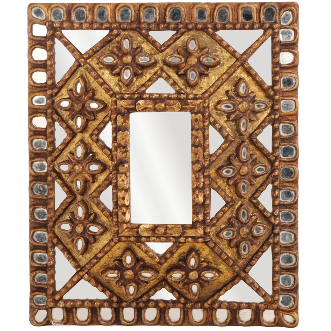 SPANISH CARVED AND GILT WOOD WALL MIRROR WITH INSET MIRRORS C 1950. (1 of 7)