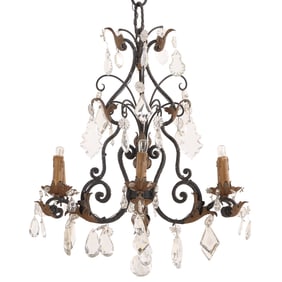 SIX ARM FRENCH IRON AND CRYSTAL CHANDELIER C 1910.