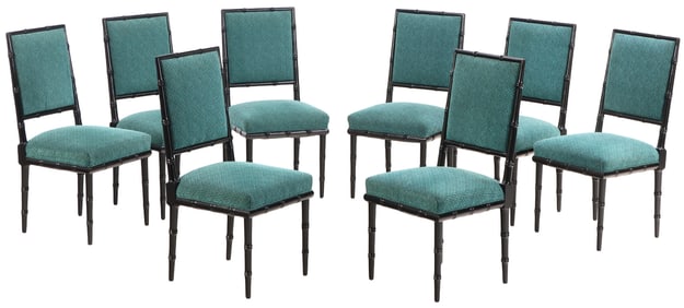 EIGHT EBONIZED FAUX BAMBOO DINING CHAIRS IN THE MANNER OF BILLY HAINES C 1950.