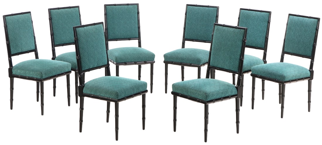 EIGHT EBONIZED FAUX BAMBOO DINING CHAIRS IN THE MANNER OF BILLY HAINES C 1950. (1 of 7)