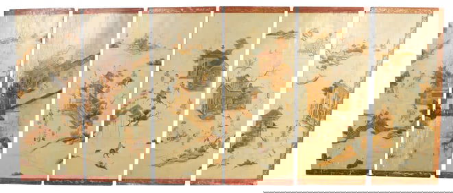 SIX EARLY NINETEENTH CENTURY PAINTINGS ON WOOD PANELS WITH ASIAN MOTIFS.