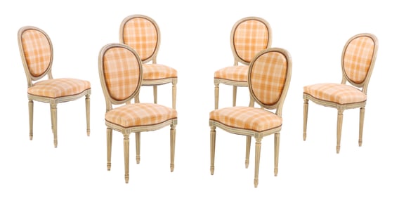 SIX PAINTED FRENCH OVAL BACK DINING CHAIRS IN THE LOUIS XVI STYLE C 1940.