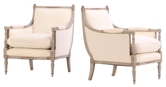 PAIR OF FRENCH LOUIS XVI STYLE PAINTED GREY UPHOLSTERED BERGERE CHAIRS HAVING NEW FABRIC C