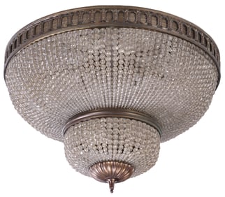 FRENCH BRONZE AND CRYSTAL CEILING MOUNT LIGHT FIXTURE C 1940.