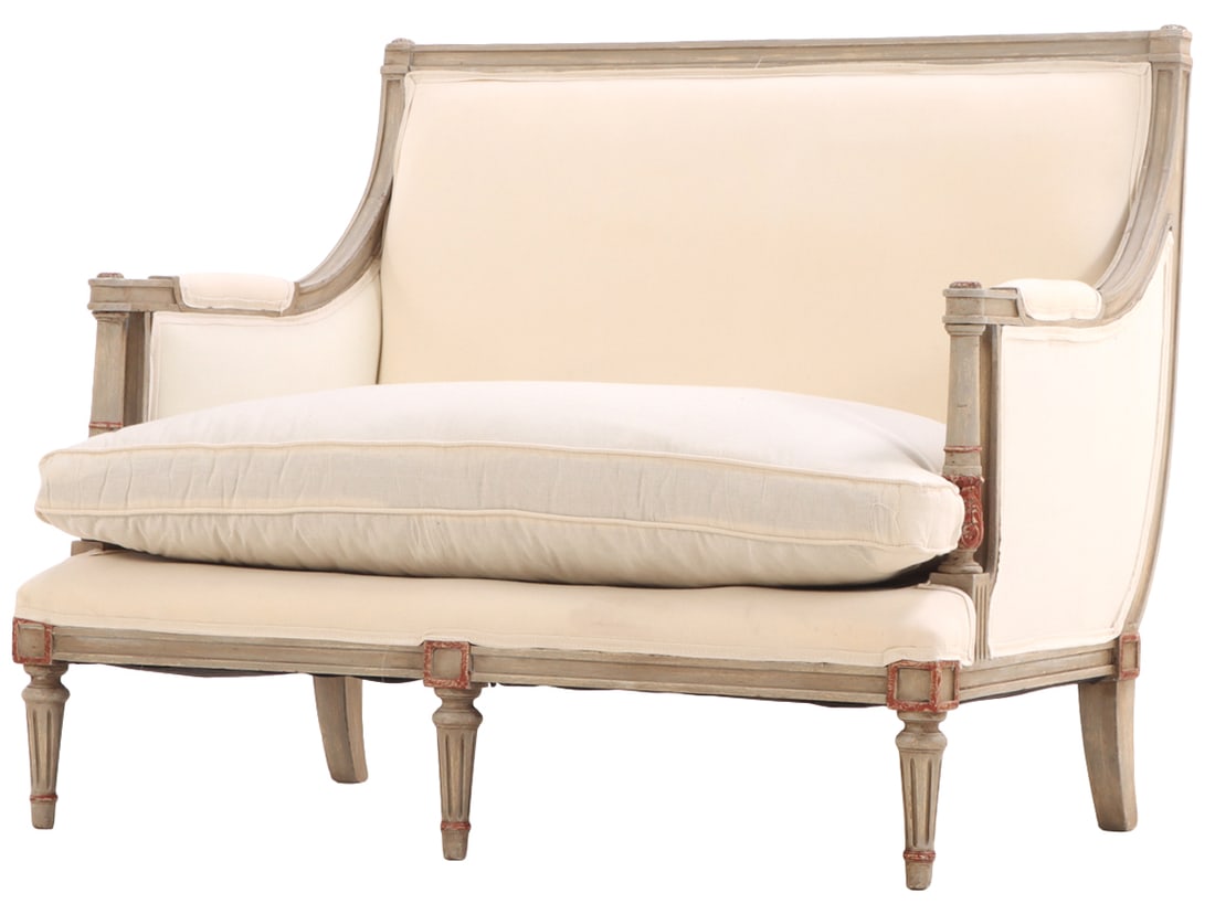 FRENCH LOUIS XVI STYLE PAINTED MARQUIS HAVING NEW FABRIC C 1940.: French Louis XVI style painted Marquis having new fabric C 1940. Ht: 32.75" Wd: 41.5" Dpth: 26.5" Seat: 18.5"