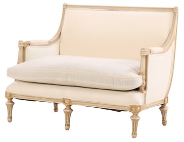 FRENCH LOUIS XVI STYLE PAINTED MARQUIS C 1940 HAVING 5 LEGS AND RECENTLY RECOVERED IN A HEAVY