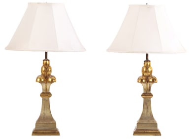 PAIR OF GILTWOOD AND SILVERED TABLE LAMPS WITH SHADES C 1960.
