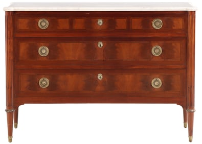 CABINET MADE DIRECTOIRE STYLE MARBLE TOP DRESSER HAVING ROUND LEGS AND CROTCH MAHOGANY DRAWER