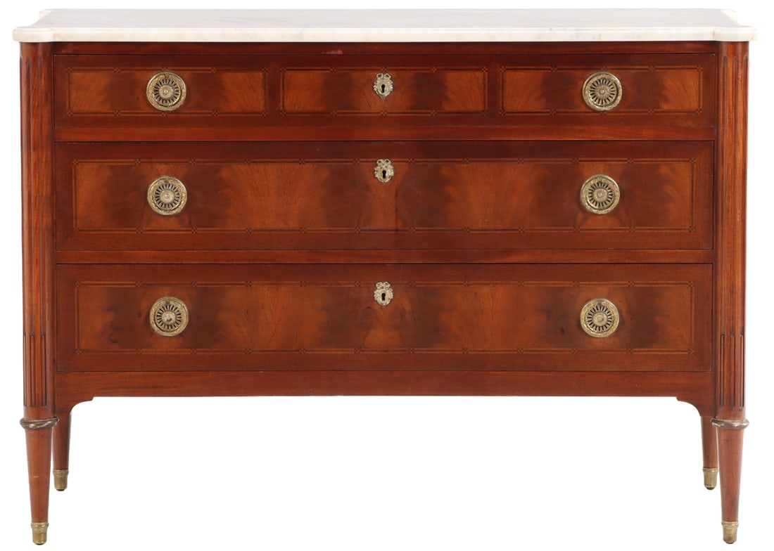 CABINET MADE DIRECTOIRE STYLE MARBLE TOP DRESSER HAVING ROUND LEGS AND CROTCH MAHOGANY DRAWER (1 of 6)