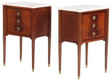 CABINET MADE PAIR OF DIRECTOIRE STYLE MARBLE TOP NIGHT STANDS OR END TABLES HAVING ROUND LEGS AND