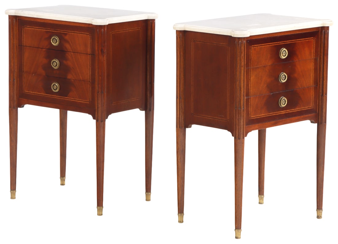 CABINET MADE PAIR OF DIRECTOIRE STYLE MARBLE TOP NIGHT STANDS OR END TABLES HAVING ROUND LEGS AND (1 of 5)