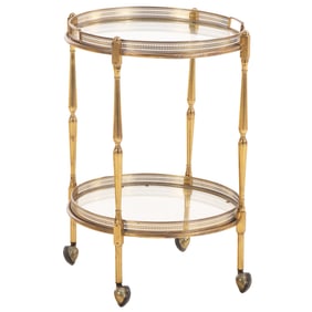 ROUND FRENCH BRASS AND GLASS BAR CART HAVING TWO REMOVABLE SERVING TRAYS C 1970.