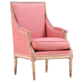 18TH C FRENCH PAINTED AND CARVED BERGERE CHAIR HAVING A NICE OLD SURFACE.