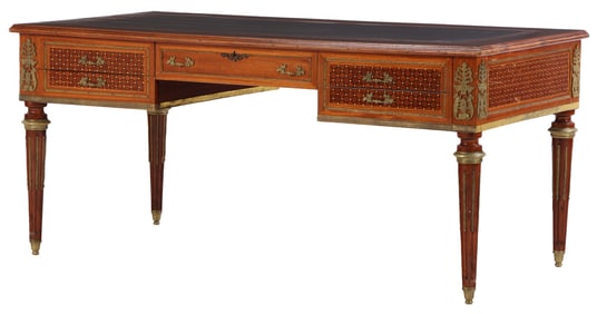 LARGE LOUIS XVI STYLE BRONZE MOUNTED AND INLAID LEATHER TOP WRITING DESK C 1950.