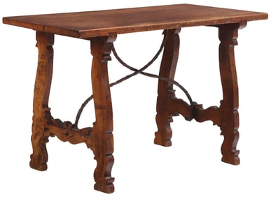 EIGHTEENTH CENTURY SPANISH WALNUT TABLE HAVING AN IRON STRETCHER.