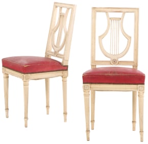 PAIR FRENCH  PAINTED LOUIS XVI STYLE LYRE BACK SIDE CHAIRS C 1920.