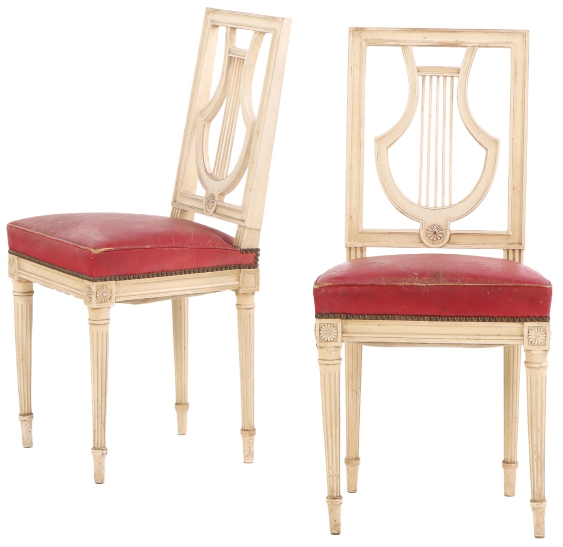 PAIR FRENCH  PAINTED LOUIS XVI STYLE LYRE BACK SIDE CHAIRS C 1920. (1 of 7)