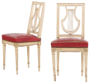 PAIR FRENCH  PAINTED LOUIS XVI STYLE LYRE BACK SIDE CHAIRS C 1920.