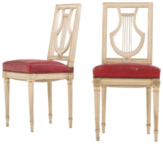 PAIR FRENCH  PAINTED LOUIS XVI STYLE LYRE BACK SIDE CHAIRS C 1920.