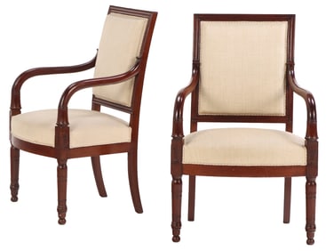 PAIR OF  FRENCH RESTORATION NINETEENTH CENTURY "TRUMPET" ARM CHAIRS WITH RECENT FABRIC.